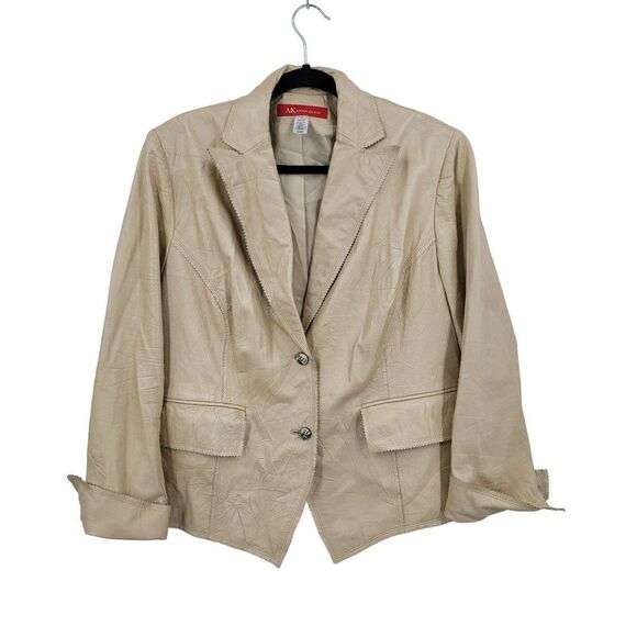 Vintage 90s Anne Klein Retro 70s Leather Jacket 1X Champaign Frayed Edges Button - Picture 1 of 14